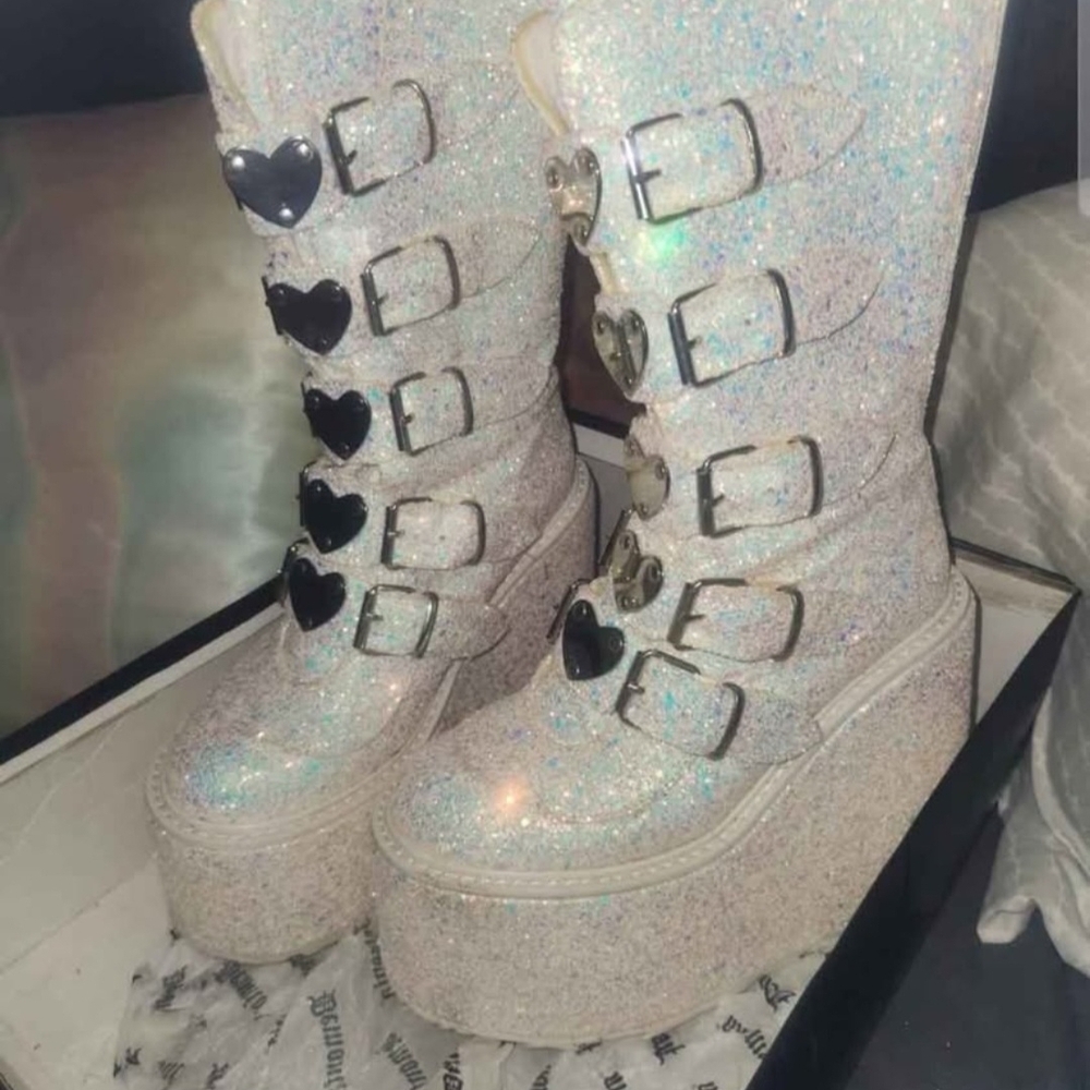 Demonia Glitter Heart Buckle Platform Boots